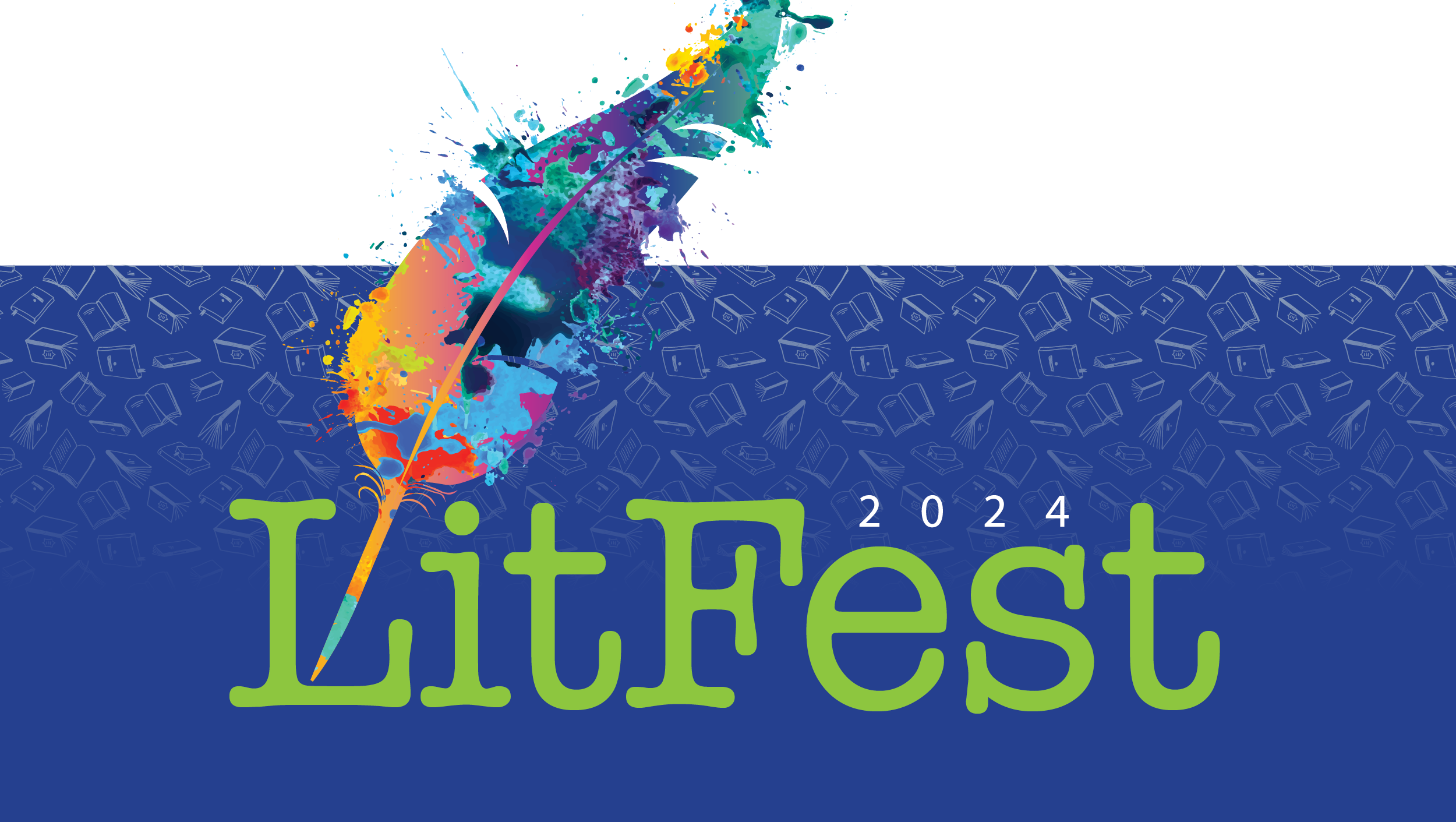 A multicolored ink feather writing the words "Lit Fest 2024"