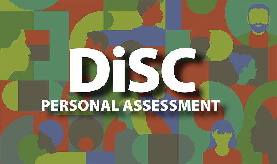 DiSC personal assessment over a background of primary colors and people