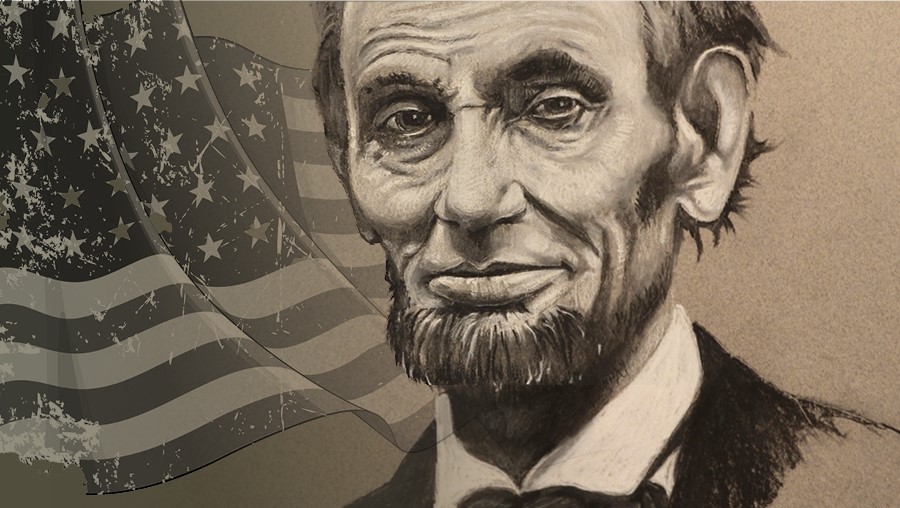 Asepia tone portrait of President Abraham Lincoln overlayed on an American flag.