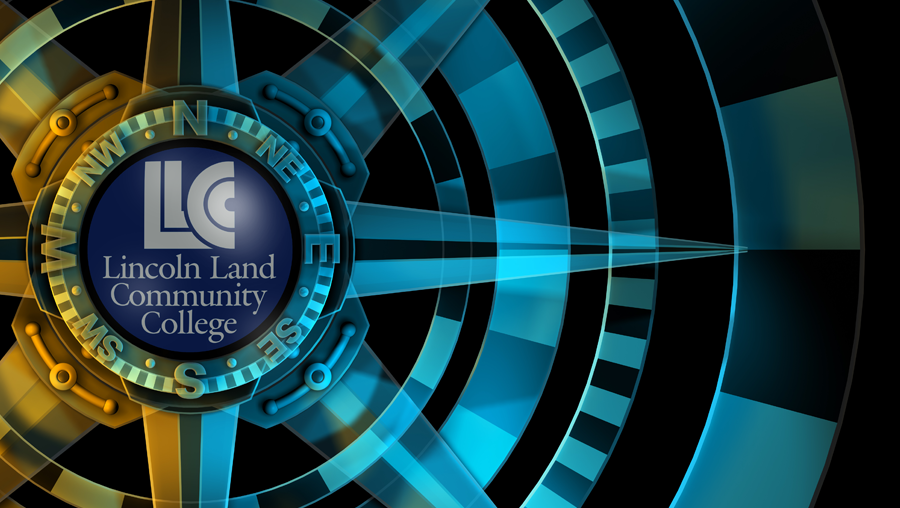 A blue compass image overlayed with the dark blue and white logo of Lincoln Land Community College