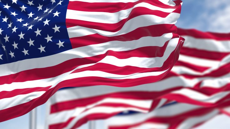 U.S.A flags on flagpoles waving in the wind