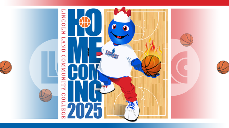 Red and blue graphic that reads "LLCC Homecoming" LLCC's mascot, Linc, who is plush, red and blue, is holding a basketball with flames coming off the top.