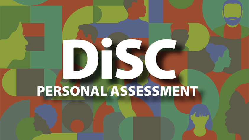 DiSC personal assessment over a background of primary colors and people