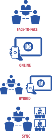 Class formats: face-to-face (in person), online (through a computer), hybrid (combination of face-to-face and on the computer) and sync (use video conferencing technology to join an in-person class from another LLCC location).