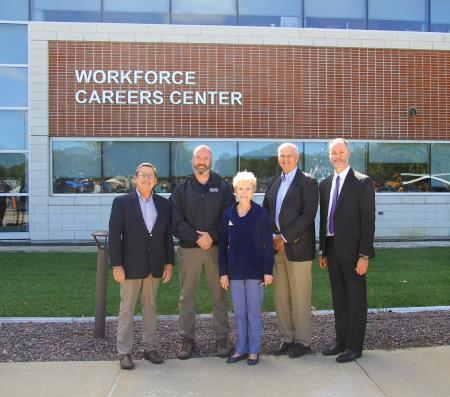 Speaking at a press conference today about LLCC’s $5 million training grant were L-R: Don Schaefer, executive vice president, Mid-West Truckers Association; Dan Smith, vice president of product support, Roland Machinery Co.; Charlotte Warren, Ph.D., president, LLCC; Ken Elmore, chair, LLCC Board of Trustees; and Christopher McDowell, M.D., associate professor and chair, Department of Emergency Medicine, SIU School of Medicine. 